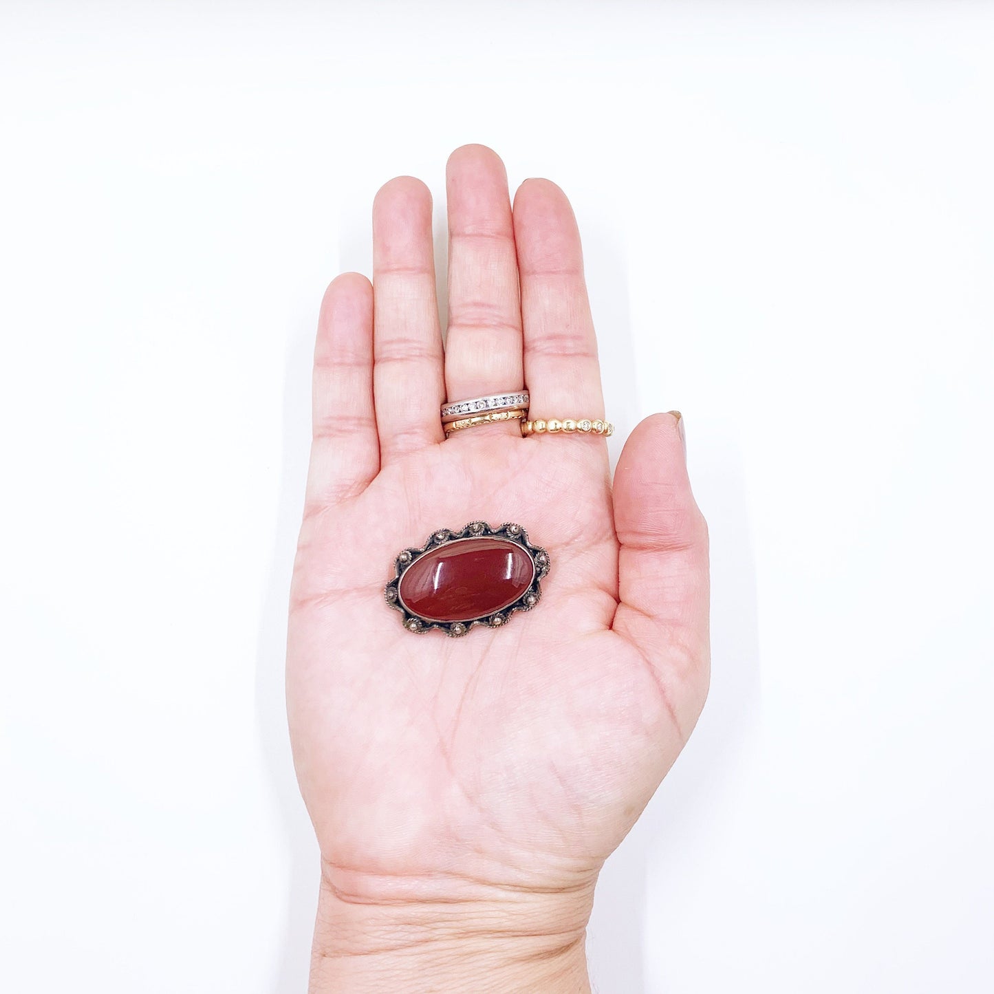 Vintage Carnelian Silver Brooch | Silver Cannetille Carnelian Brooch