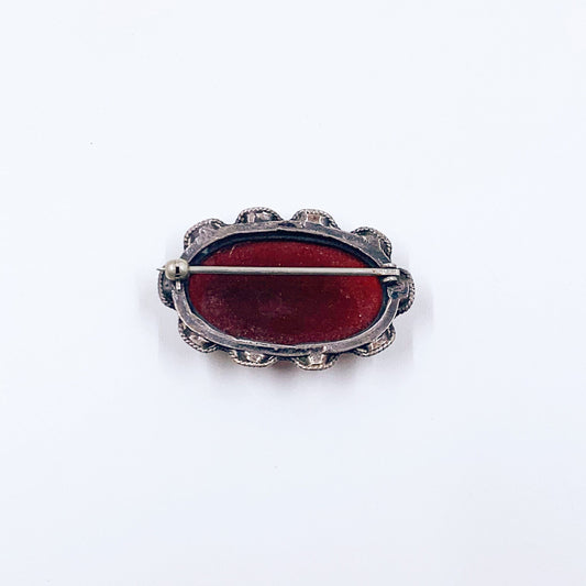 Vintage Carnelian Silver Brooch | Silver Cannetille Carnelian Brooch