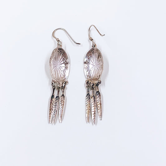 Vintage Silver Concho and Feather Earrings | Southwest Silver Feather Fringe Earrings