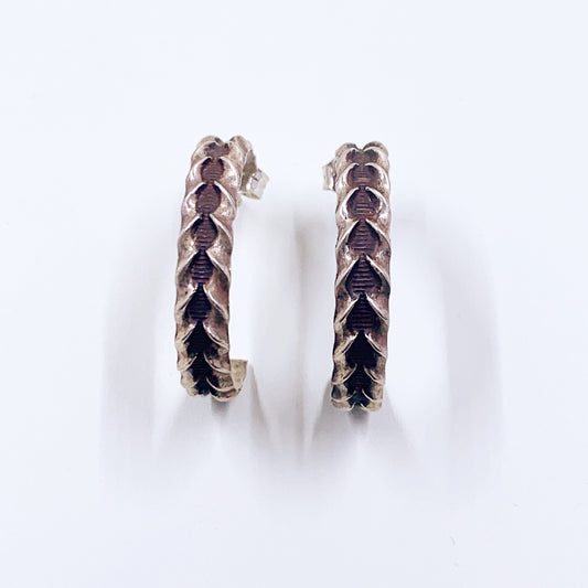 Vintage Silver Textured Hoop Earrings | Silver Braided Ridge Patterned Half Hoop Earrings