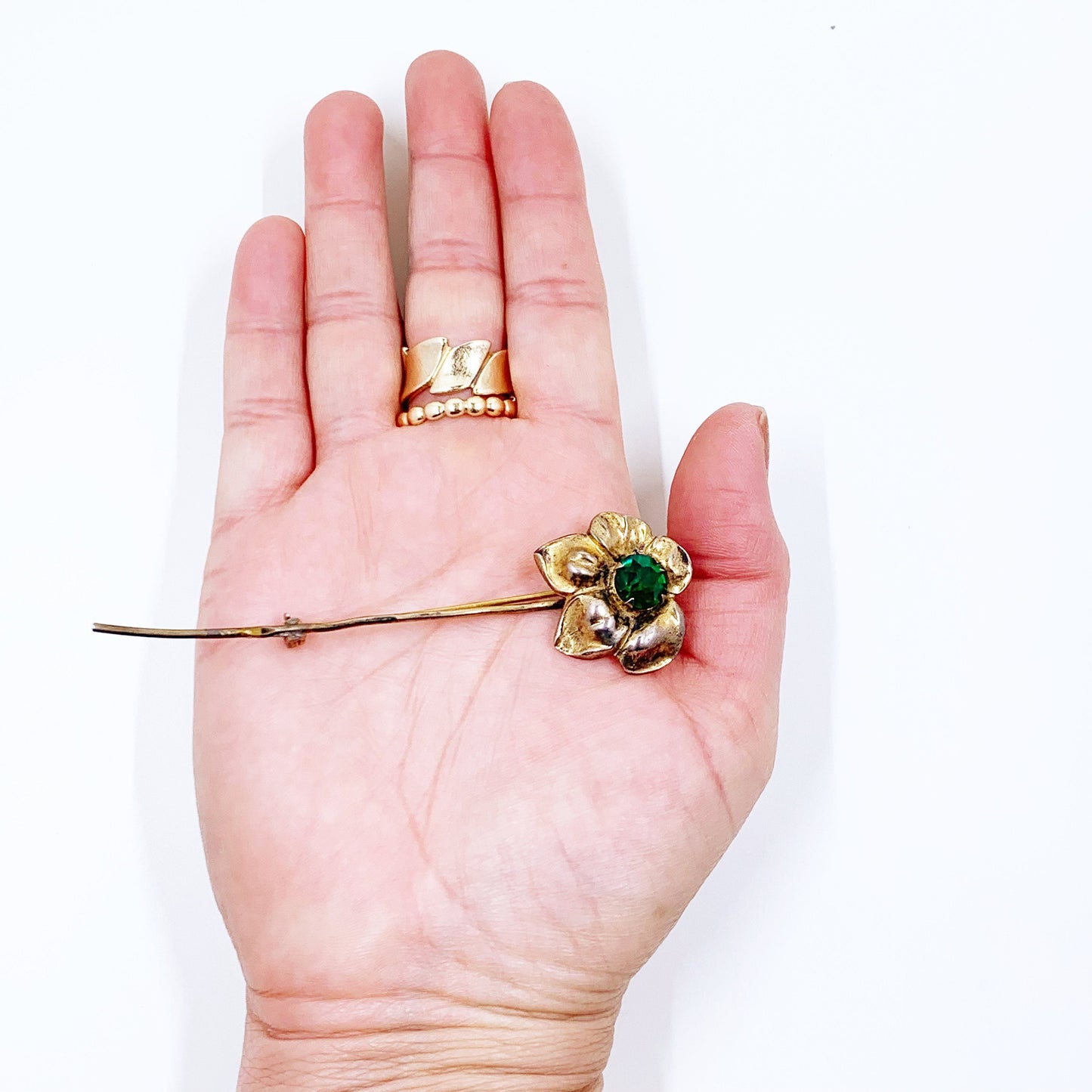 Vintage Sterling Green Rhinestone Flower Brooch | Sterling Vermeil Flower Brooch