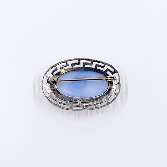 Vintage Sterling Silver Chalcedony Brooch | Sterling Greek Key Pattern Stone Brooch