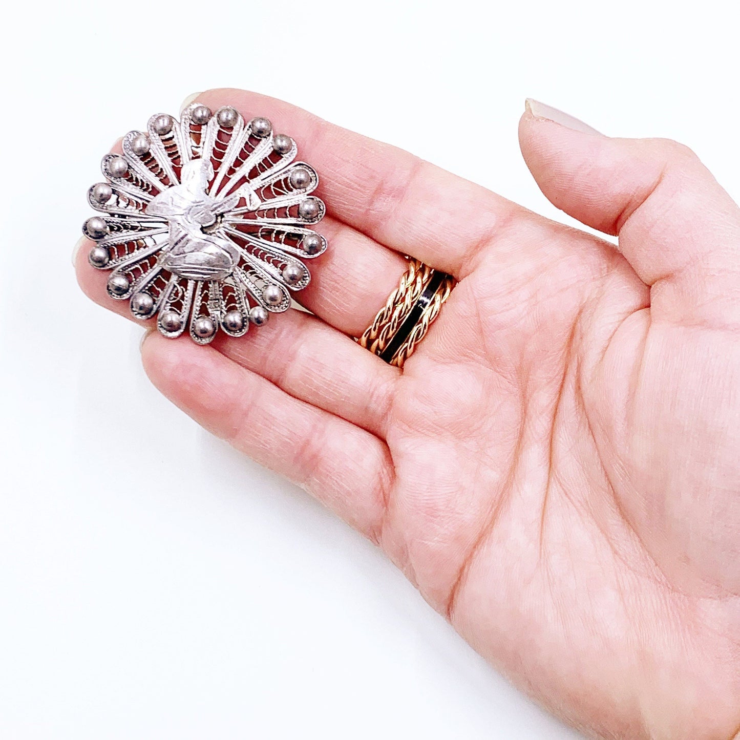Vintage Silver Egyptian Filigree Brooch | Vintage Egyptian Revival Filigree Lute Brooch