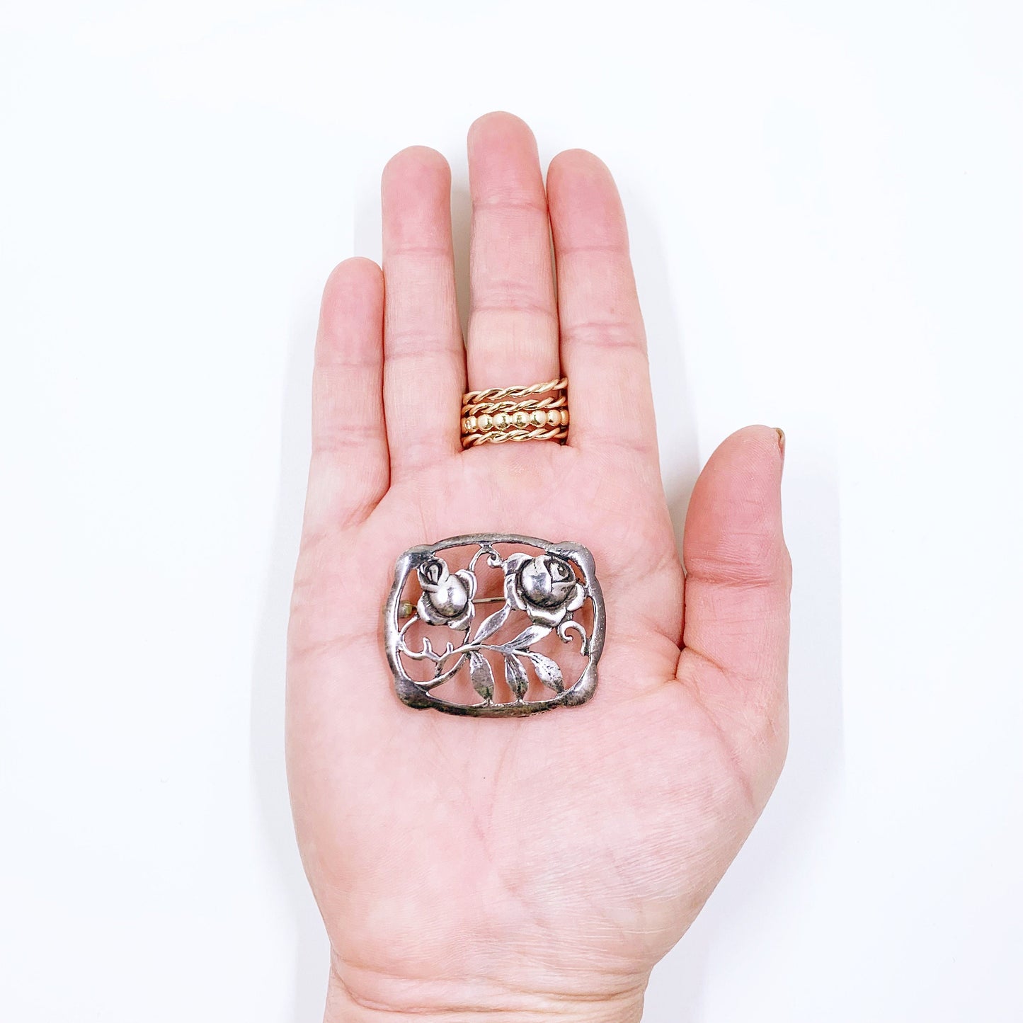 Vintage Sterling Rose Openwork Brooch