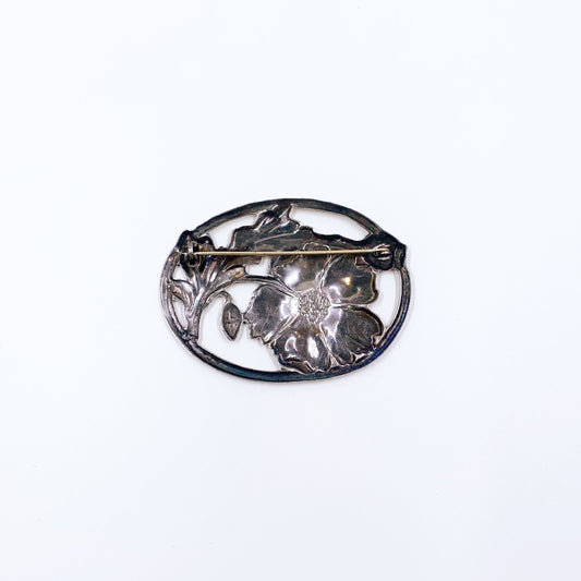 Vintage Sterling Silver Openwork Floral Brooch | Silver Oval Art Nouveau Style Flower Brooch | Large Flower Brooch