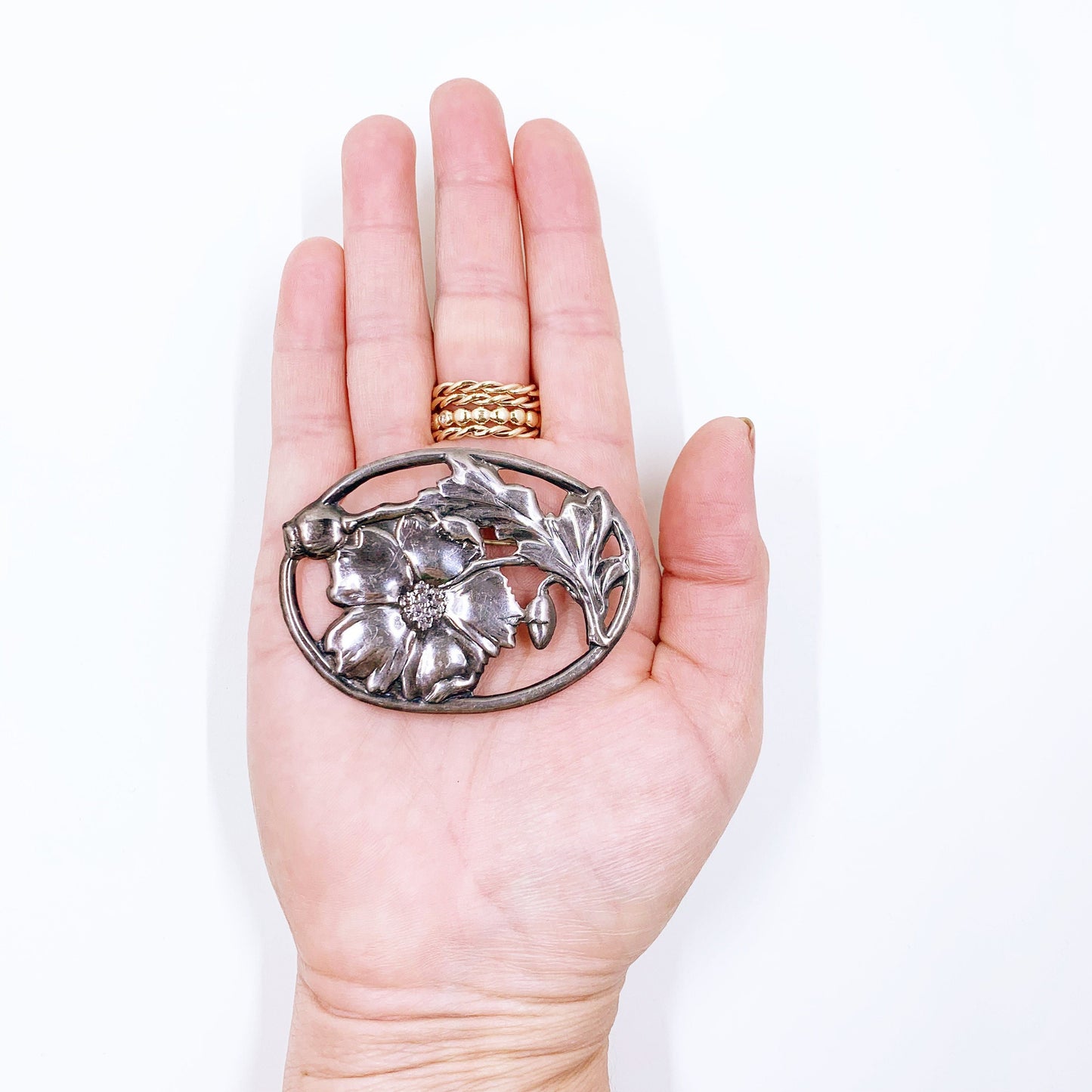Vintage Sterling Silver Openwork Floral Brooch | Silver Oval Art Nouveau Style Flower Brooch | Large Flower Brooch