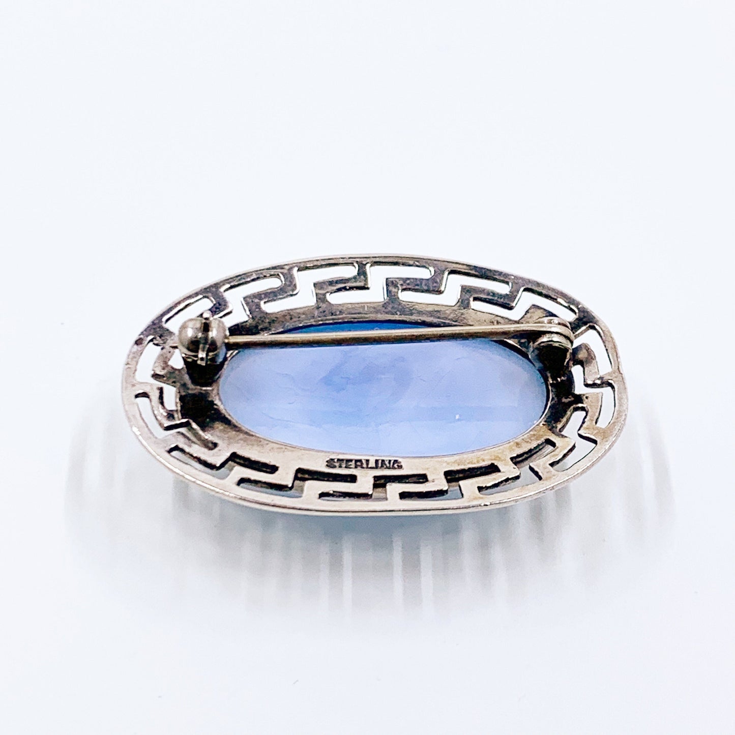 Vintage Sterling Silver Chalcedony Brooch | Sterling Greek Key Pattern Stone Brooch