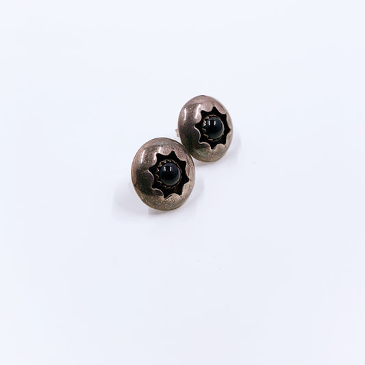 Vintage Silver Onyx Shadow Box Earrings | Silver Onyx Round Stud Earrings