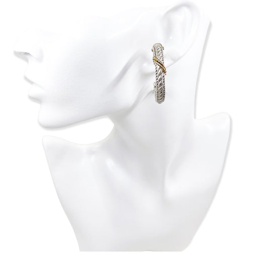 Estate Judith Ripka Two Tone Silver Braided Rope Hoop Earrings| Judith Ripka Silver and Gold Omega Hoop Earrings | Large Hoop Earrings