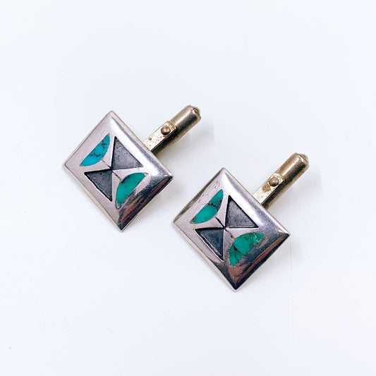 Vintage Silver and Turquoise Inlay Cufflinks | Vintage Modernist Silver Turquoise Cufflinks