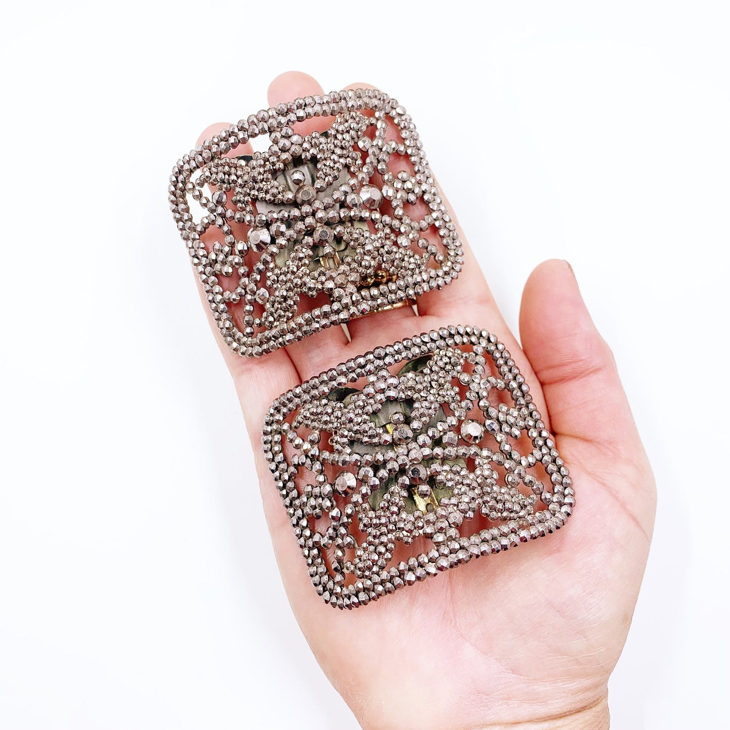 Antique French Victorian Cut Steel Shoe Buckles | Pair of Victorian Steel Riveted Shoe Buckles