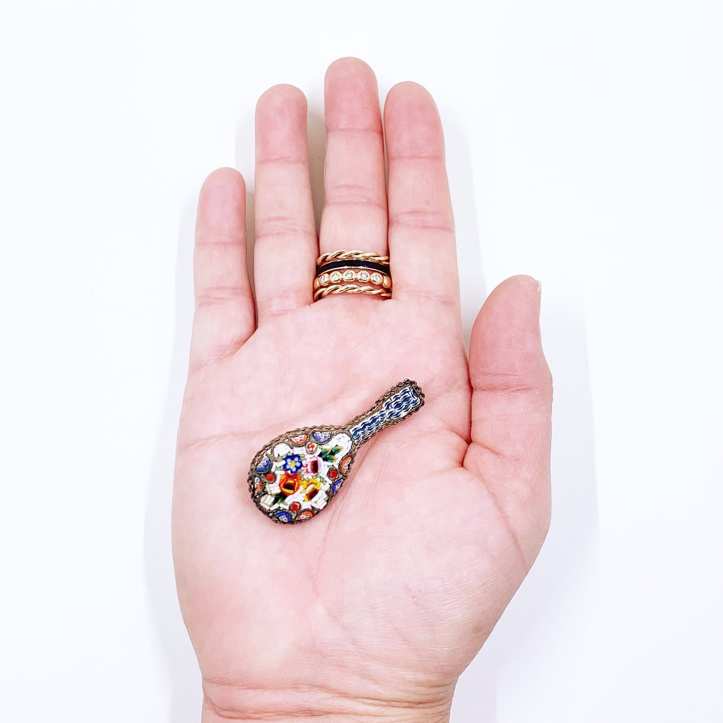 Vintage Italian Floral Mosaic Guitar Brooch | Italian Tourist Floral Mosaic Jewelry