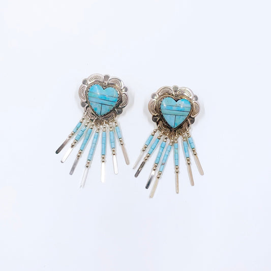 Vintage Concho Turquoise Heart Inlay Earrings | Turquoise Inlay Heart Dangle Earrings