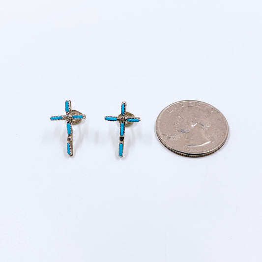 Vintage Turquoise Needle Point Cross Earrings | Sterling Southwest Turquoise Stud Earrings | Needle Point Stud Earrings