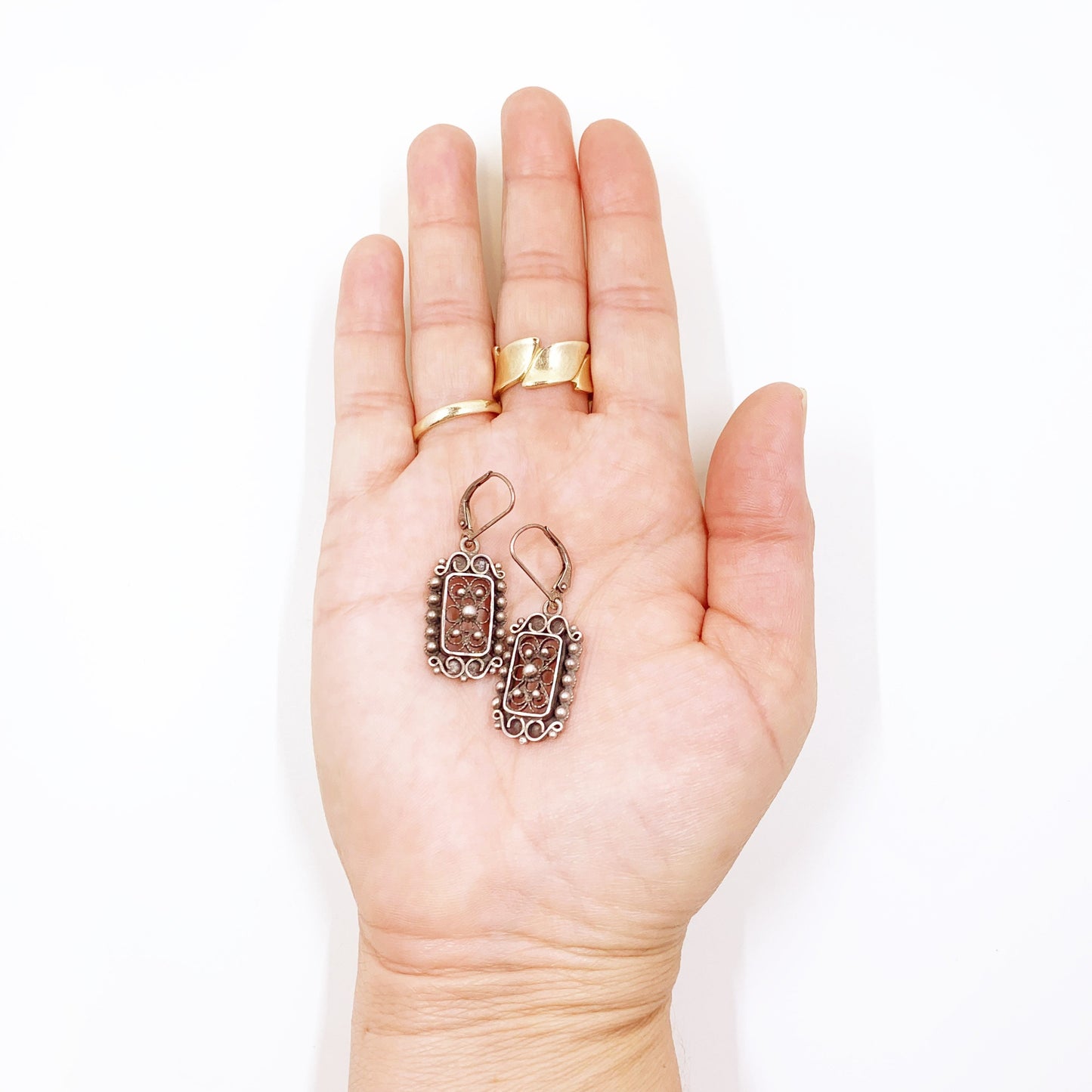 Vintage Silver Filigree Rectangle Dangle Earrings | Silver Open Work Filigree Earrings