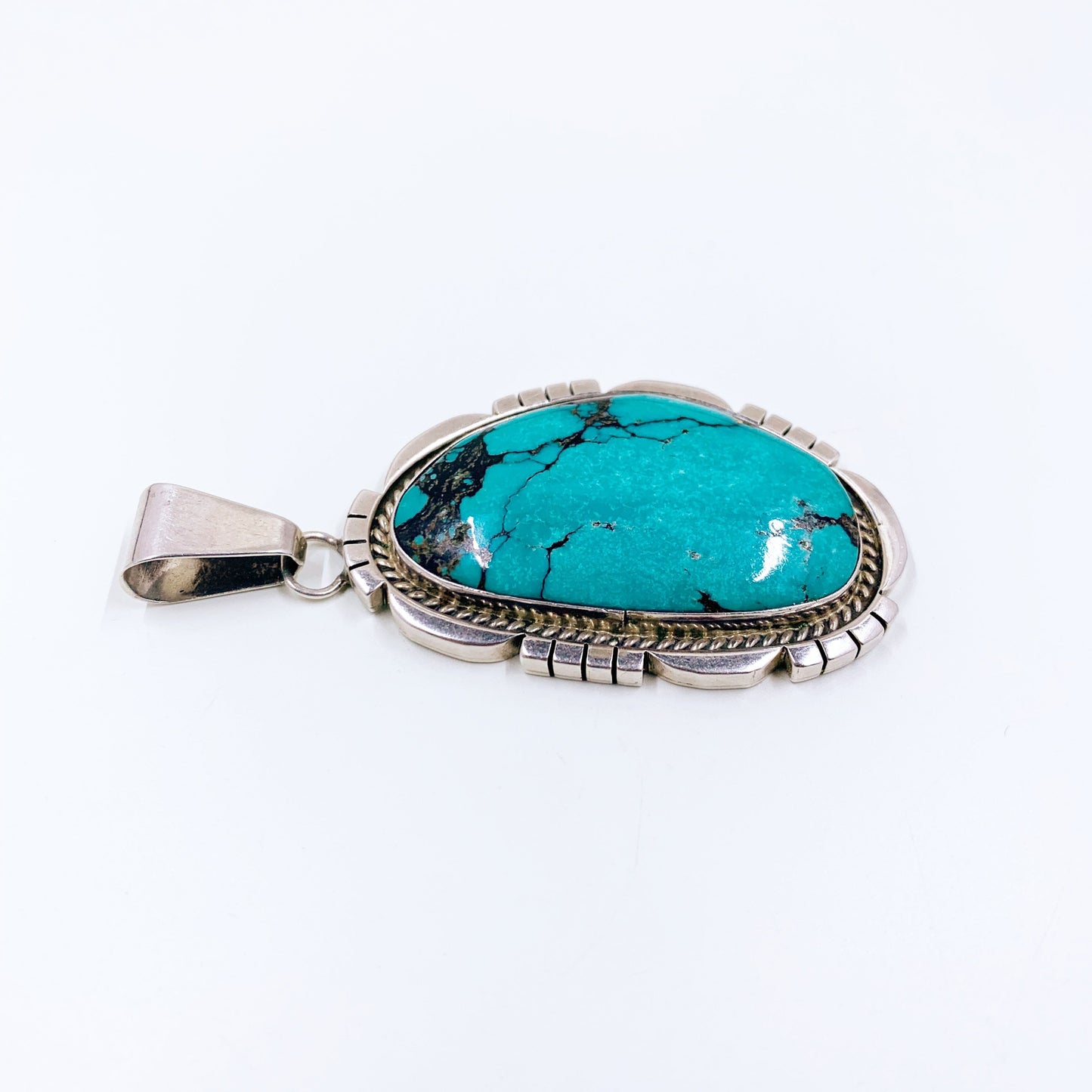 Vintage Navajo Turquoise Pendant by Darrin Livingston | Large Silver Turquoise Stone Pendant