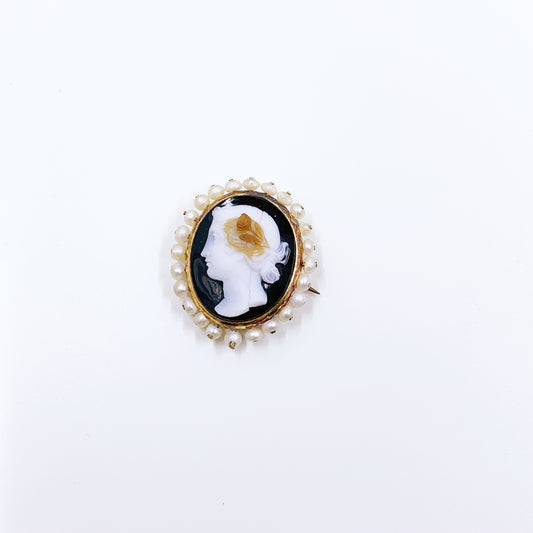 Antique Hard Stone Cameo Brooch | Carved Hardstone with Seed Pearl Surround