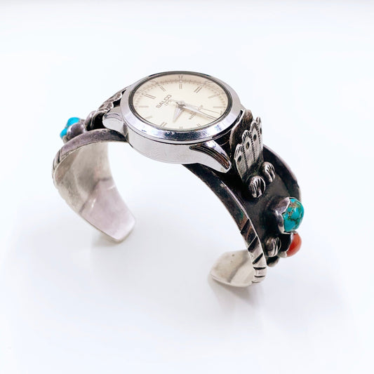 Vintage Silver Turquoise and Coral Watch Cuff | Southwest Silver Watch Cuff Bracelet