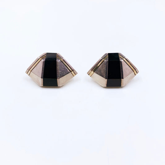 Vintage Cartier Retro Silver Onyx 18K Gold  Earrings | Art Deco Style Onyx Silver & Gold Earrings | Cartier Onyx Deco Style Earrings