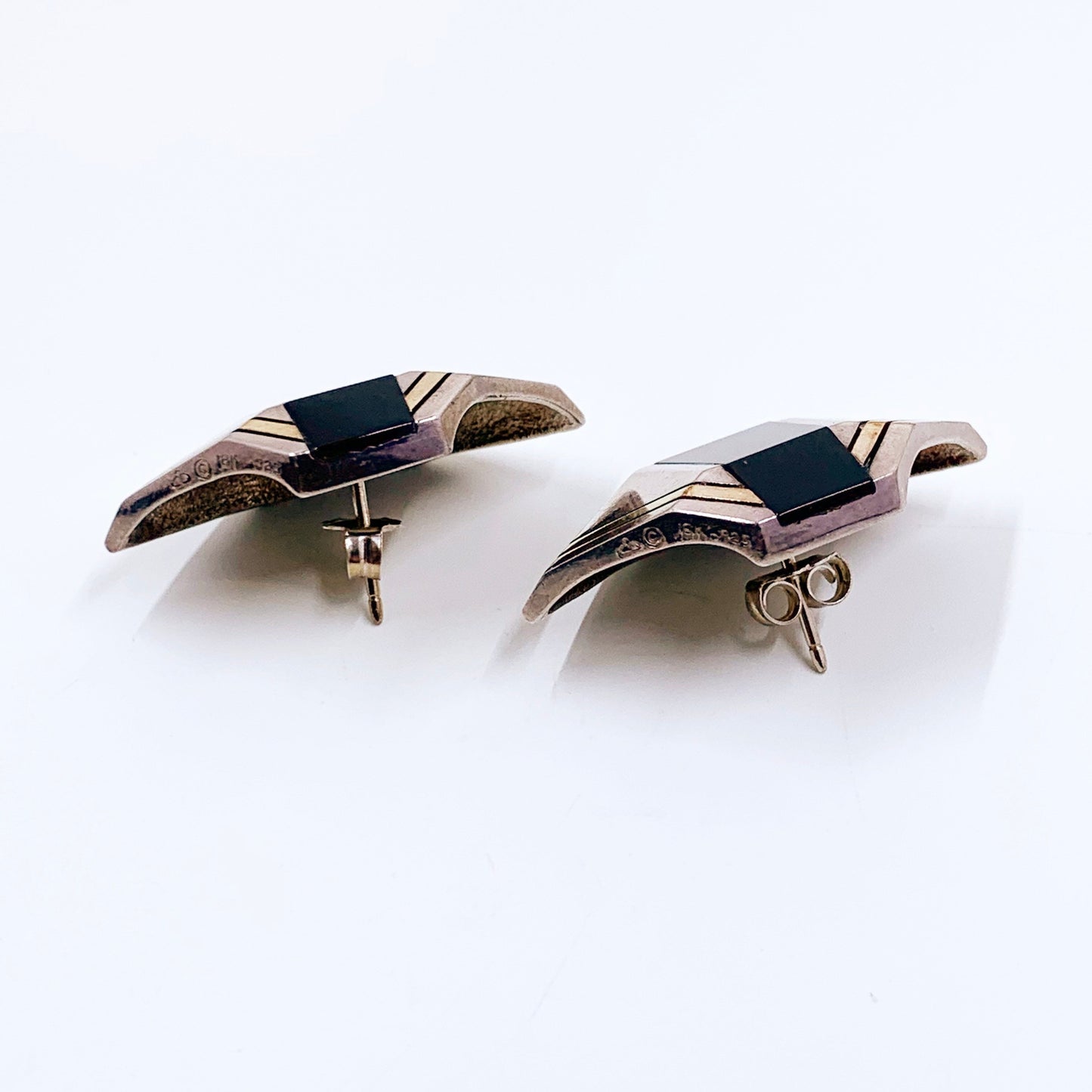 Vintage Cartier Retro Silver Onyx 18K Gold Earrings | Art Deco Style Onyx Silver & Gold Earrings | Cartier Onyx Deco Style Earrings