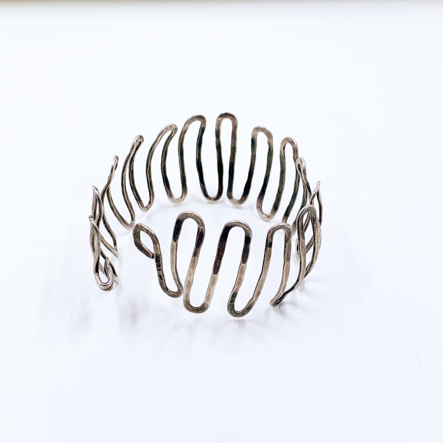 Vintage Silver Modernist Hammered Wave Bracelet | Modernist Zig Zag Open Work Bracelet