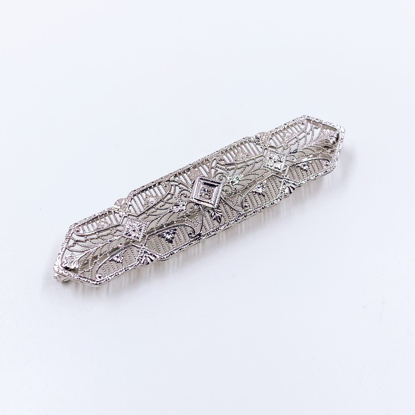 Art Deco 10K Filigree Milgrain Diamond Bar Brooch