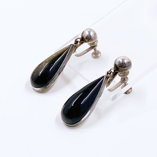 Vintage Mexican Silver Cat's Eye Earrings | Mexican Silver Modernist Galindo Screw Back Earrings