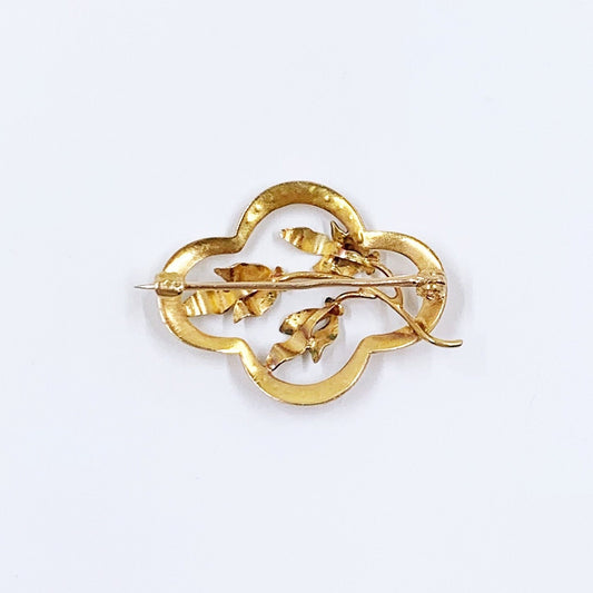 Art Nouveau 10k Floral Seed Pearl and Enamel Brooch