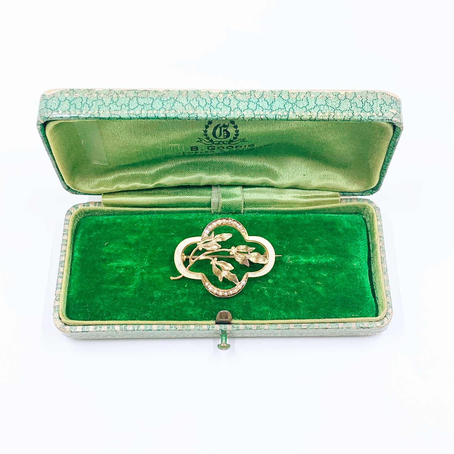 Art Nouveau 10k Floral Seed Pearl and Enamel Brooch