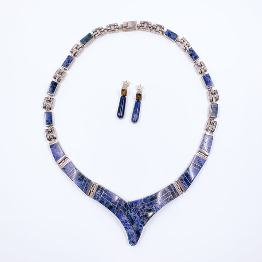 Vintage Mexican Silver Modernist Sodalite Collar Necklace and Earring Set