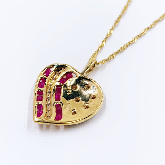 Estate 10K Gold Red White and Blue Diamond and Ruby Heart Shaped Pendant | 10K Gold Heart Flag Pendant | Patriotic Jewelry