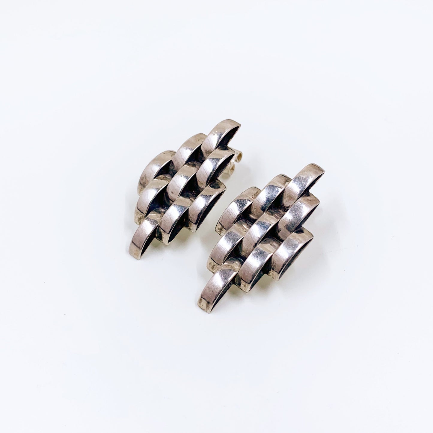Vintage Mexican Silver Modernist Weave Earrings