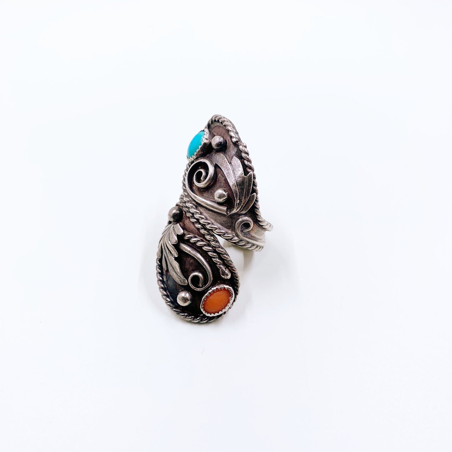 Vintage Silver Henry Baca Turquoise and Coral Bypass Ring | Large Silver Two Stone Ring | Size 7.5