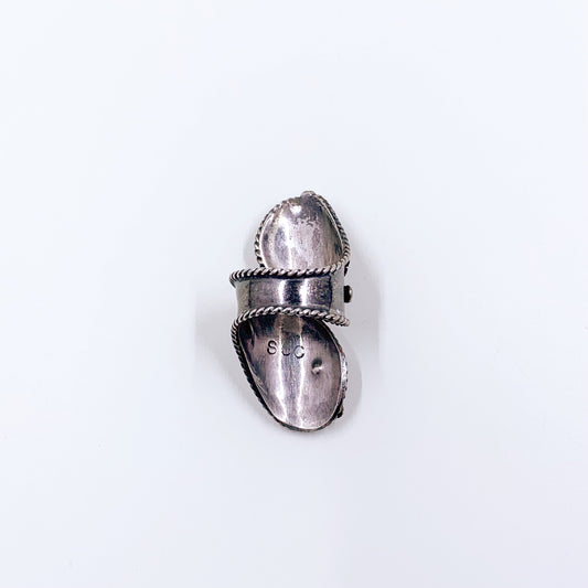 Vintage Native American Silver Two Stone Bypass Ring | Large Silver Mother of Pearl and Tiger's Eye Stone Ring | Size 6.5