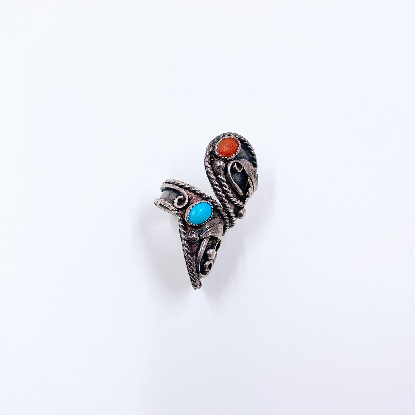 Vintage Silver Henry Baca Turquoise and Coral Bypass Ring | Large Silver Two Stone Ring | Size 8.5