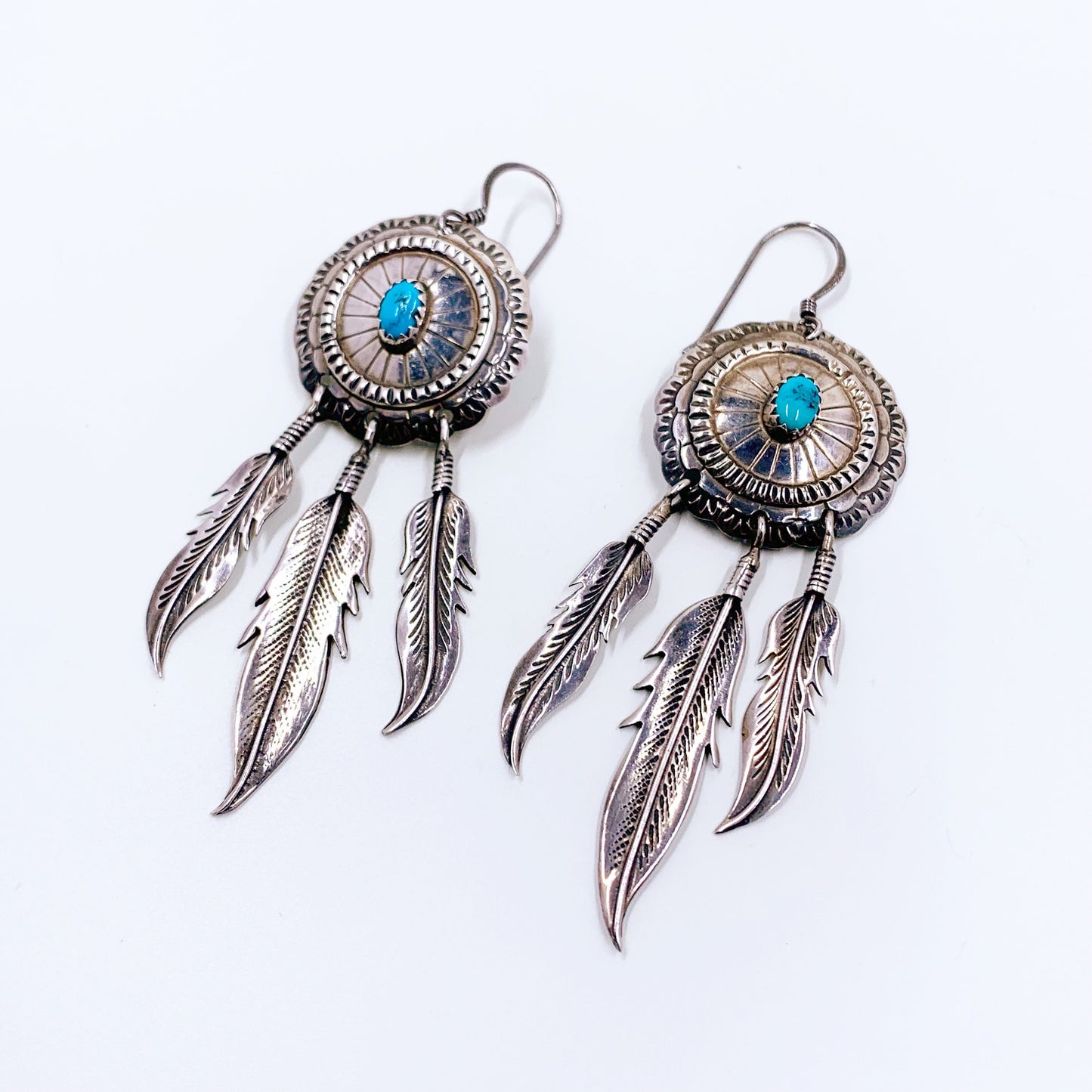 Vintage Turquoise Concho Feather Dangle Earrings