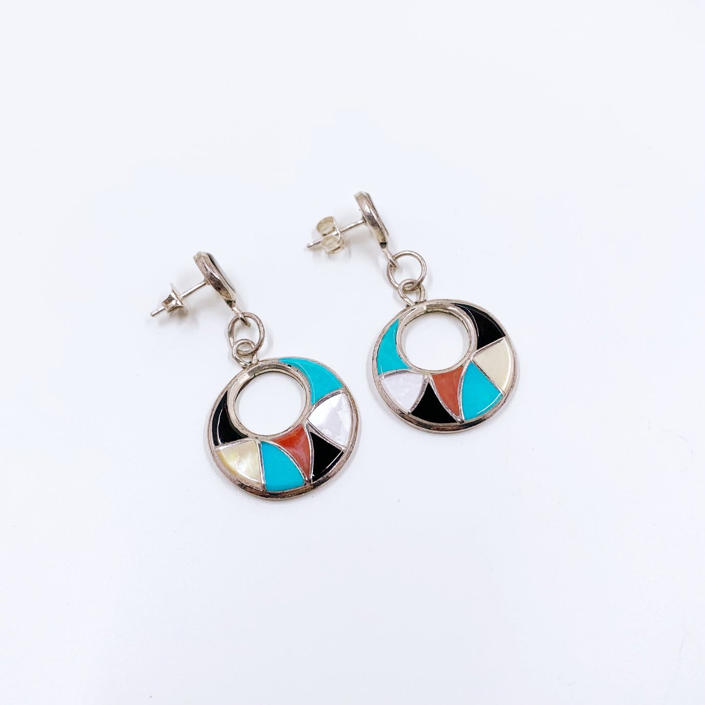 Silver Multi-Stone Inlay Dangle Earrings | Southwest Style Inlay Earrings