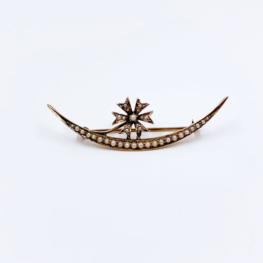 Antique 10k Gold Crescent Moon Seed Pearl Brooch | Victorian 10K Honeymoon Brooch
