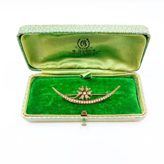 Antique 10k Gold Crescent Moon Seed Pearl Brooch | Victorian 10K Honeymoon Brooch