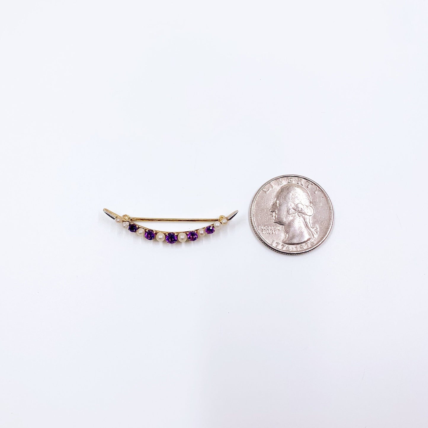 Antique 14k Gold Crescent Moon Amethyst and Seed Pearl Brooch