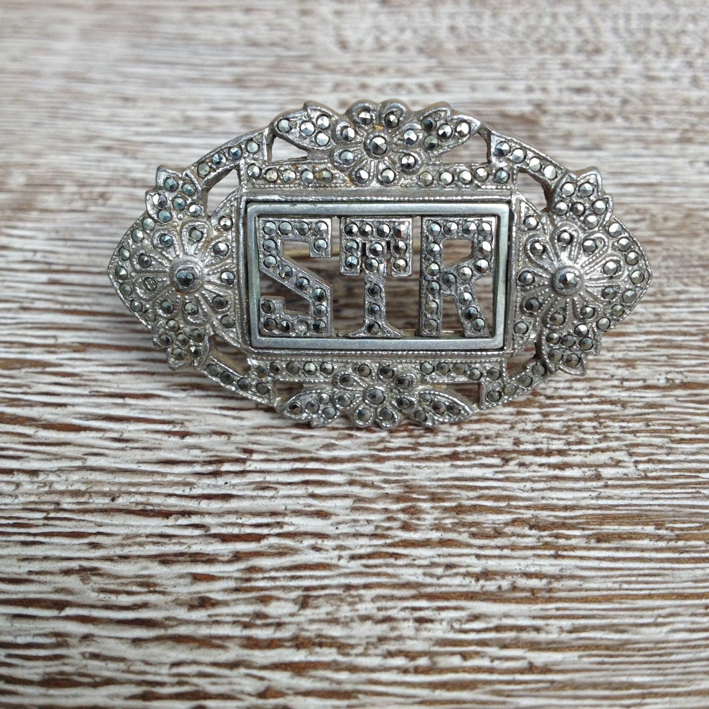 Vintage Silver Marcasite Brooch | STR Initial