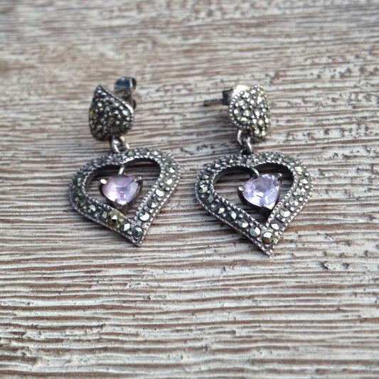 Vintage Silver Marcasite Heart Earrings | Amethyst Heart Drop Earrings
