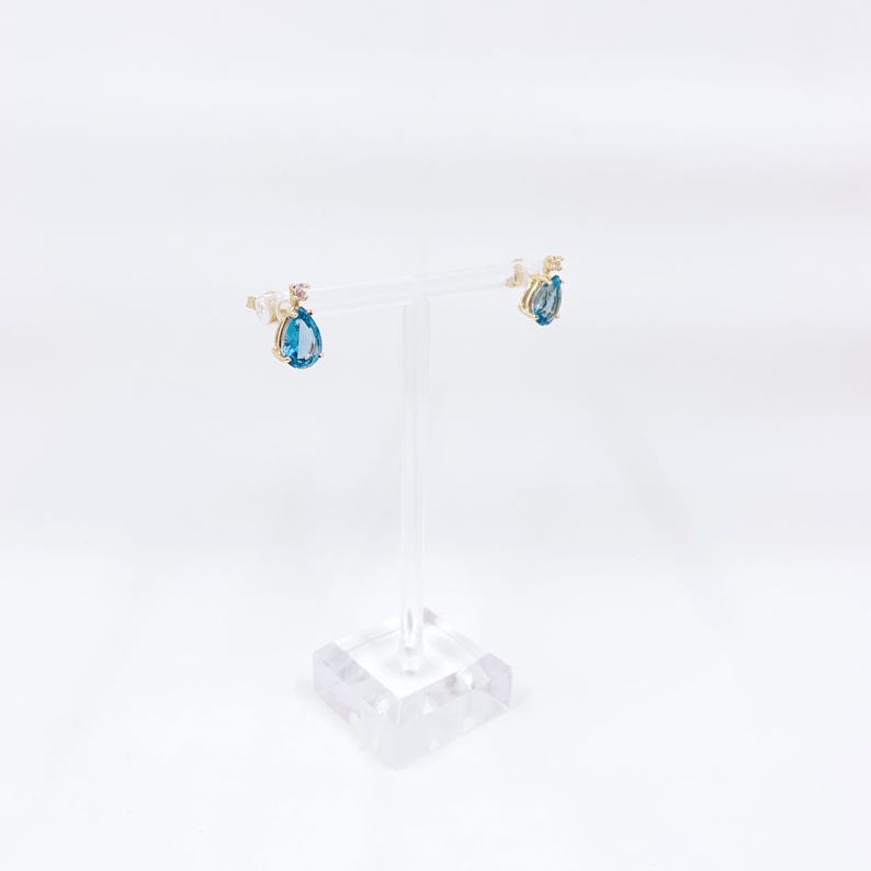 Vintage 14k Gold Blue Topaz & Sapphire Tear Drop Stud Earrings