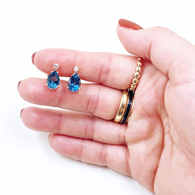 Vintage 14k Gold Blue Topaz & Sapphire Tear Drop Stud Earrings