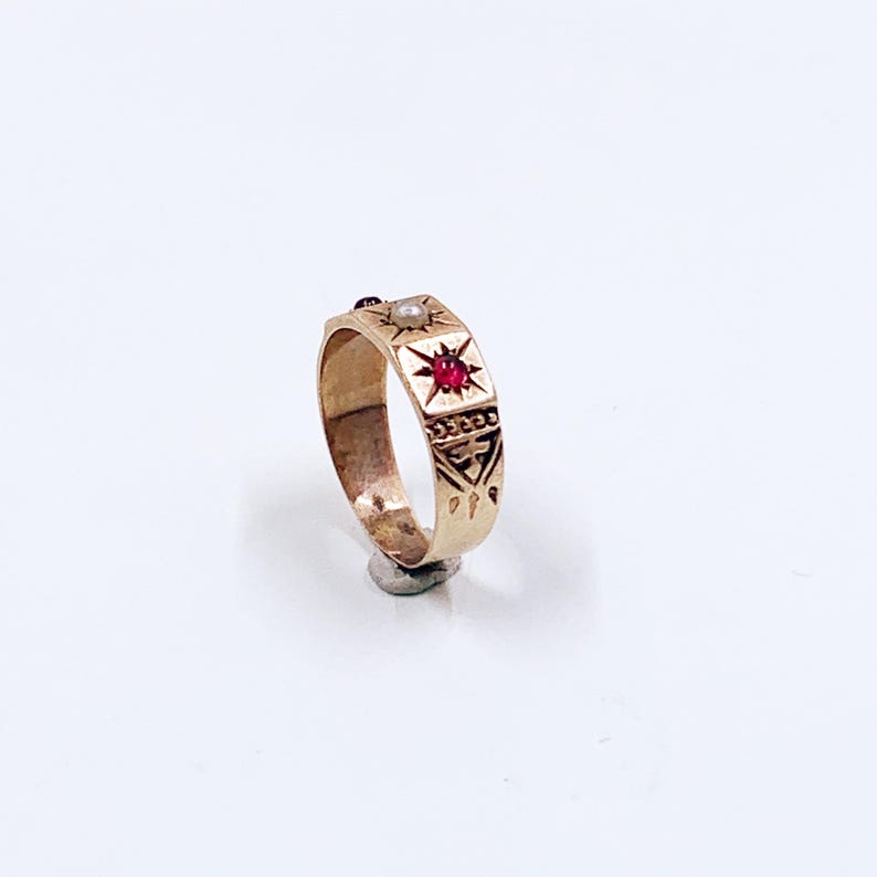 Victorian 10k Gold Baby Ring with Seed Pearl and Red Stones