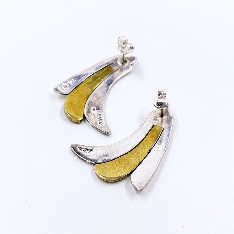 Vintage Mexican Mixed Metal Wing Earrings, Brass and Silver Earrings