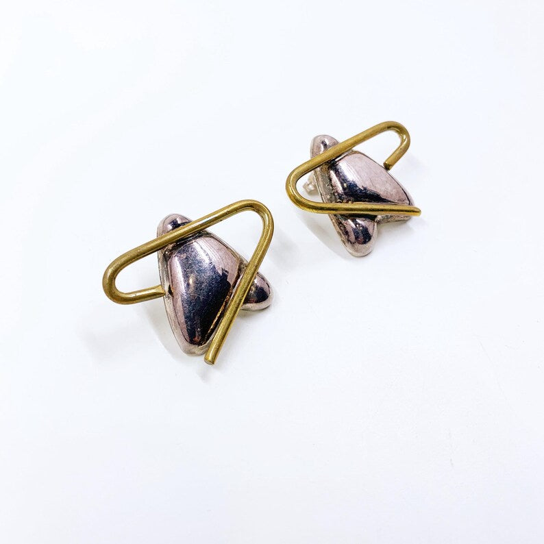 Vintage Mexican Silver and Brass Modernist Atomic Earrings