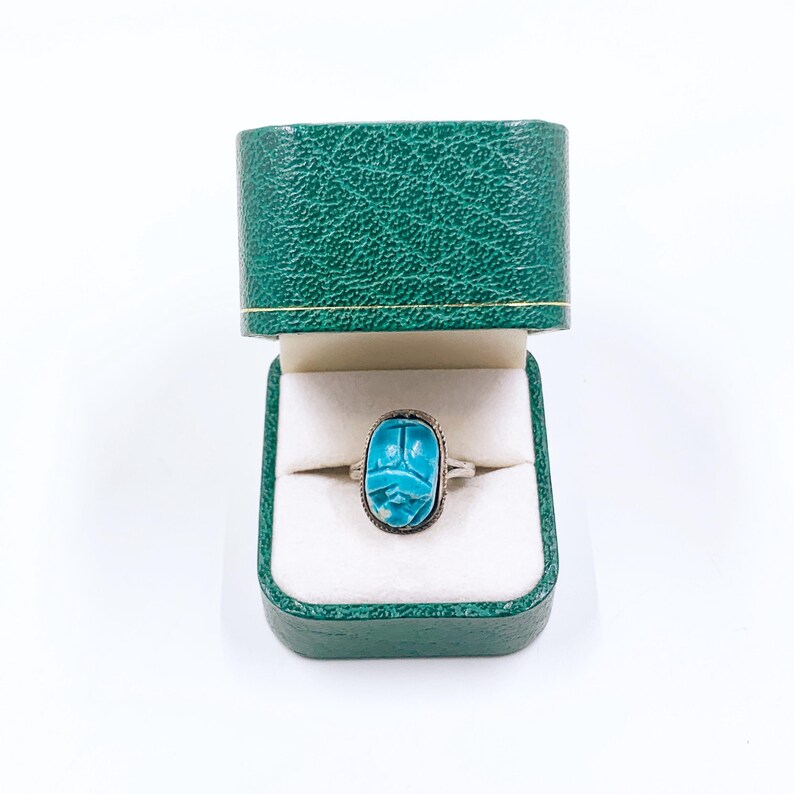 Vintage Egyptian Scarab Bead Silver Ring, Carved Stone Scarab Ring, Size 9 Ring