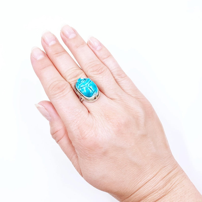 Vintage Egyptian Scarab Bead Silver Ring, Carved Stone Scarab Ring, Size 9 Ring