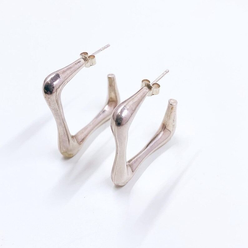 Vintage Sculptural Silver Hoop Earrings, Silver Open Hoop Earrings